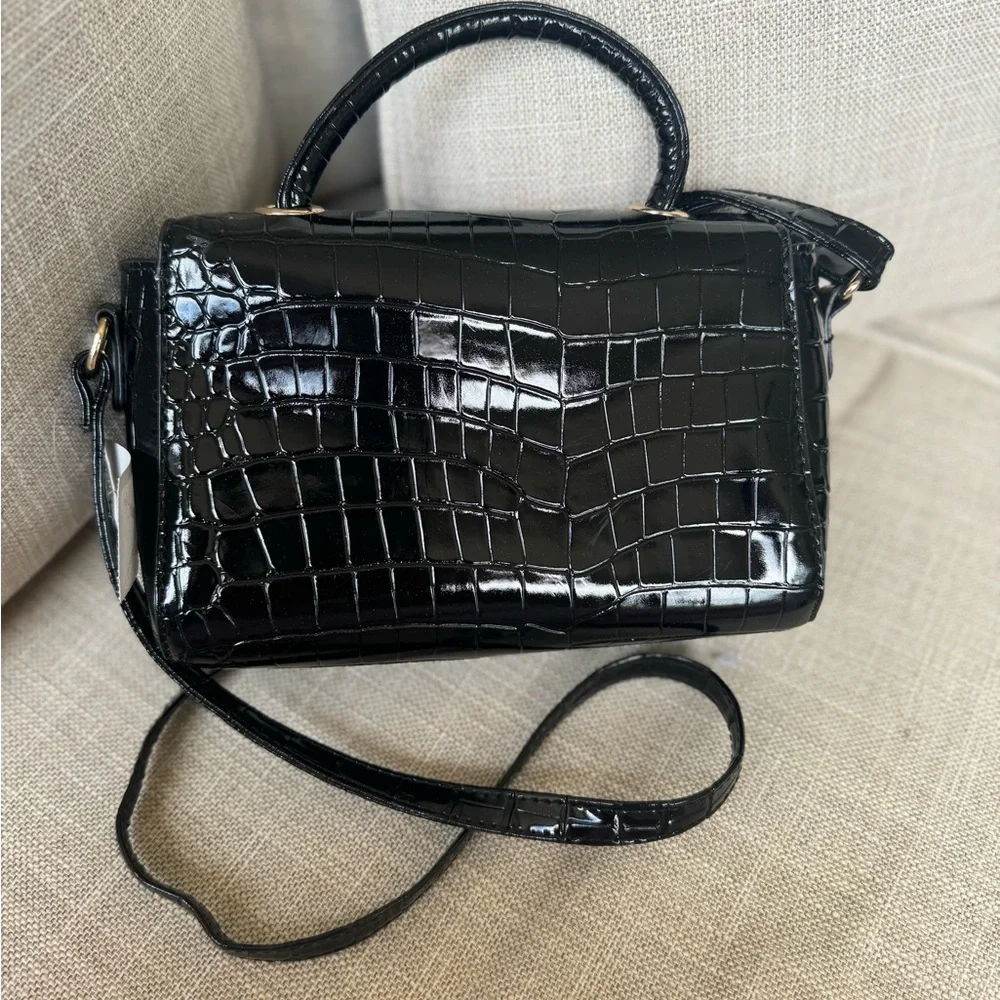 Black croc embossed crossbody bag with top handle - Picture 2 of 10